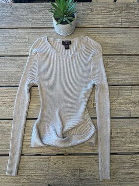 Women's knotted front Light Gray Ribbed Crewneck Sweater, Size XL